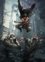  1boy 6+others artist_request asymmetrical_dual_wielding belt belt_buckle black_hair black_jacket boots buckle concept_art dual_wielding dynamic_pose evil_grin evil_smile fighting fingerless_gloves gas_mask gatling_gun gloves glowing glowing_eyes grey_pants grin gun gunz_2_the_second_duel gunz_the_duel handgun harness holding holding_gun holding_weapon hood industrial industrial_pipe jacket jacket_on_shoulders knee_pads m134_minigun mask minigun multiple_others official_art pants pouch red_gloves red_shirt rivets shirt sideburns sleeves_rolled_up smile sparks steampunk sword third-party_source utility_pole weapon white_hood 