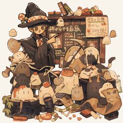  1girl ahoge_girl_(jimini_shijimi) artist_name axe bandages black_hat black_robe book cat cat_mask commentary_request food ghost halloween hat highres holding horns instagram_username jimini_shijimi low_twintails mask open_mouth original paint pointing pumpkin robe roller_brush scythe short_twintails sidelocks simple_background skeb_username smile snake solo sweets translation_request twintails twitter_username white_background witch_hat 
