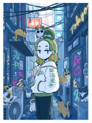  1girl animal_on_head black_pants border cat city closed_mouth commentary condenser_unit cowboy_shot day drawstring ear_piercing green_hair hand_in_pocket highres hood hood_down hoodie iguana_taisa long_hair long_sleeves looking_at_viewer neon_lights on_head original outdoors pants piercing solo thick_eyebrows untranslatable_commentary white_border white_hoodie 