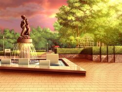  bench bush clouds evening fence fountain game_asset lamppost no_humans non-web_source official_art outdoors park pink_sky pool scenery seisenki_valkyrie_sisters self-datamine sky statue sunset tile_floor tiles tree visual_novel_cg water 