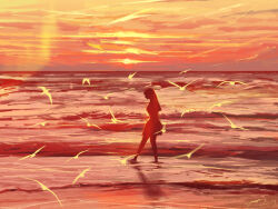  1girl beach bird clouds commentary_request dress fangpeii flock from_side highres long_hair original outdoors profile reflection reflective_liquid scenery sky solo walking water waves wide_shot 