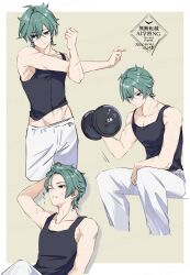  1boy abs ahoge arms_up biceps black_shirt collarbone commentary_request cross-body_stretch dumbbell exercising expressionless genshin_impact green_hair hair_between_eyes hair_up highres holding holding_dumbbell leaning_back light_smile lohen_(genshin_impact) looking_ahead looking_to_the_side male_focus midriff_peek mole mole_under_eye multicolored_eyes muscular nekokoko outline pants scar scar_on_arm scar_on_neck shirt short_hair sitting sleeveless smile solo standing stomach stretching sweat sweatdrop toned toned_male track_pants twitter_username white_outline white_pants 