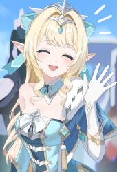  1girl absurdres anima_miko aqua_gem bare_shoulders blonde_hair breasts closed_eyes commentary_request detached_collar drill_hair drill_sidelocks facing_viewer gem genshin_impact gloves hair_intakes highres long_hair medium_breasts multicolored_hair open_mouth pointy_ears sharp_teeth sidelocks smile solo streaked_hair teeth tiara upper_body vesna_(genshin_impact) vision_(genshin_impact) waving white_gloves 