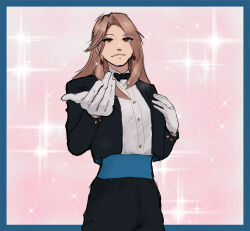  1girl alternate_costume black_bow black_bowtie black_jacket blue_border border bow bowtie brown_eyes brown_hair closed_mouth commentary curtained_hair earrings english_commentary eyelashes giltori gloves granblue_fantasy highres jacket jewelry katalina_(granblue_fantasy) long_hair long_sleeves open_clothes open_jacket pink_background shirt smile solo sparkle suit suit_jacket white_gloves white_shirt 