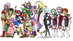  5boys 6+girls absurdres agal ahoge animal_print arm_tattoo arm_up armor arms_behind_head belt black_bodysuit black_jacket black_socks black_unitard blonde_hair blue_eyes blue_hair blue_hat blue_jumpsuit bob_cut bodysuit boots brown_boots brown_hair cape capelet chain chain_earrings cloak closed_eyes closed_mouth collar crop_top cuirass curtained_hair dark-skinned_female dark_skin dress earrings elbow_gloves facial_mark fake_horns feena_(grandia) fingerless_gloves gadwin_(grandia) glasses gloves goggles goggles_around_neck grandia grandia_i green_boots green_eyes green_hair green_pants grey_gloves guido_(grandia) hair_ornament hair_tubes hairband hanya_(hanya_yashiki) hat high_collar highres holding holding_sack horned_headwear horns jacket jewelry jumpsuit justin_(grandia) keffiyeh layered_sleeves leen_(grandia) liete_(grandia) long_dress long_hair long_sidelocks long_sleeves metal_collar milda_(grandia) mio_(grandia) mullen_(grandia) multiple_boys multiple_girls nana_(grandia) open_mouth orange_shirt pants pantyhose pink_capelet pink_dress pink_pants pink_skirt pointy_ears purple_armor purple_dress purple_hair purple_hat purple_pantyhose puui_(grandia) rapp_(grandia) red_boots red_cape red_eyes red_hair red_hat red_jacket red_pants red_shirt red_skirt red_thighhighs round_eyewear sack saki_(grandia) see-through_clothes see-through_dress shirt shoes short_hair short_jumpsuit short_over_long_sleeves short_sleeves shoulder_armor showgirl_skirt sidelocks skirt smile socks sue_(grandia) tattoo thigh-highs tinted_eyewear two-sided_cape two-sided_fabric very_long_sidelocks whisker_markings white_boots white_cloak white_gloves white_jacket white_pants white_shirt white_sleeves wide_sleeves yellow_shirt yellow_shoes 