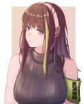  1girl 3_small_spiders absurdres bangs bare_shoulders black_sweater_vest breasts brown_eyes brown_hair closed_mouth eyebrows_visible_through_hair girls_frontline headset highres long_hair looking_at_viewer m4a1_(girls&#039;_frontline) medium_breasts multicolored_hair simple_background solo sweater_vest upper_body 