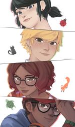  2boys 2girls adrien_agreste alya_cesaire baseball_cap black_hair blonde_hair blue_eyes brown_eyes brown_hair bug cat dark-skinned_female dark-skinned_male dark_skin earrings fox glasses green_eyes hand_on_headwear hat highres jewelry ladybug marinette_dupain-cheng miraculous_ladybug mole mole_on_forehead multiple_boys multiple_girls nino_lahiffe red_hat short_hair signature turtle twintails zakkych 
