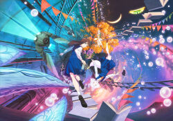  2boys 5girls animal_ears animal_on_lap autumn_leaves blue_skirt blue_vest book bookmark brown_hair brown_shoes collared_shirt colored_eyelashes dog_ears dog_girl dog_tail floating floating_object fox gem grey_eyes haruta_takafumi highres holding holding_bookmark key_visual kono_hon_wo_nusumu_mono_wa leaf loafers long_hair looking_back mashiro_(kono_hon_wo_nusumu_mono_wa) medium_skirt mikura_ayumu mikura_hirune mikura_mifuyu mikura_tamaki multiple_boys multiple_girls necktie official_art on_lap open_book open_mouth orange_necktie pearl pleated_skirt promotional_art railroad_tracks school_uniform shirt shoes short_hair sitting skirt socks string_of_flags tail tree vest white_shirt white_socks yasano_keiko yellow_eyes 