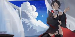  1girl absurdres azur_lane black_garter_straps black_hair black_thighhighs clouds cloudy_sky commentary_request curtains garter_straps gear0710 highres horns indoors long_sleeves mechanical_horns red_horns short_hair single_bare_shoulder sky solo thigh-highs ulrich_von_hutten_(azur_lane) wide_sleeves window 