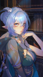  1girl black_unitard blue_hair blue_horns blue_pupils book bookshelf bra braid braided_twintails breasts choker commentary_request goat goat_girl goat_horns green_bra green_jacket hair_between_eyes highres holding holding_staff hood horizontal_pupils horns indoors jacket library long_hair looking_at_viewer lucia_elowen medallion pointy_ears silk single_bare_shoulder single_sleeve solo spider_web staff underwear upper_body yellow_eyes zenless_zone_zero zunda_kaku 