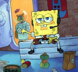 1boy 1girl absurdres artist_name blue_eyes bowl buck_teeth camrymel commentary controller crossed_arms derivative_work english_commentary food freckles french_fries game_controller grand_theft_auto grand_theft_auto_v highres holding holding_controller man_ray_(spongebob) pet_bowl playstation_controller sandy_cheeks spongebob_squarepants spongebob_squarepants_(series) squirrel teeth thumbs_down