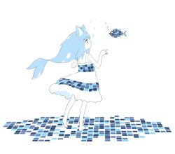  1girl animal_ears bare_arms bare_shoulders barefoot blue_dress blue_eyes blue_hair cat_ears cat_girl commentary_request diode_(0_division) dress fish full_body highres long_hair original simple_background sleeveless sleeveless_dress solo standing tile_floor tiles white_background white_dress 