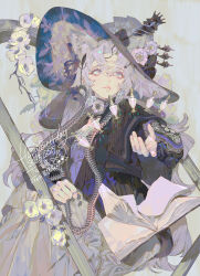  1girl absurdres animal_ear_fluff animal_ears black_flower black_hat book commission curtained_hair dated english_text eyelashes flower grey_background grey_eyes grey_hair hand_up happy_birthday hat highres long_hair long_sleeves mgong520 mihuashi_commission open_book original solo white_flower 