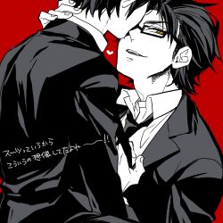  2boys clothes_grab commentary_request daiya_no_ace dress_shirt glasses greyscale_with_colored_background hand_on_another's_neck jacket looking_at_viewer lowres male_focus miyuki_kazuya multiple_boys necktie necktie_grab neckwear_grab rectangular_eyewear red_background sawamura_eijun shirt short_hair simple_background spot_color suit_jacket tan05 translation_request yellow_eyes 