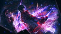  1boy 1other armband black_eyes black_hair blood blood_on_clothes blood_on_face blue_coat coat dimension_shredder_(e.g.o) e.g.o_(project_moon) energy_blade flesh game_asset highres lce_(identity)_(project_moon) limbus_company messy_hair nai_ga official_art portal_(object) project_moon short_hair tendril yi_sang_(project_moon) 