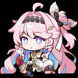  1girl ahoge animated animated_gif bare_shoulders black_bow blowing_bubbles blue_hair bow breasts bubble_wand chain colored_inner_hair denia_(wuthering_waves) dress gloves hair_bow hair_intakes hair_ornament highres holding long_hair multicolored_hair official_art open_mouth pink_hair red_gloves simple_background small_breasts solo sticker_(medium) stuffed_toy upper_body violet_eyes white_background white_dress wuthering_waves 