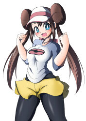  1girl :d baseball_cap black_pantyhose blue_eyes blue_shirt blush breasts bright_pupils brown_hair commentary_request cowboy_shot curvy double_bun hair_bun hands_up hat highres long_hair medium_breasts oosono_chaka open_mouth pantyhose pink_hat poke_ball_print pokemon pokemon_black_2_and_white_2 rosa_(pokemon) shirt short_shorts shorts simple_background smile solo standing thick_thighs thighs three-quarter_sleeves twintails two-tone_hat two-tone_shirt white_background white_hat white_pupils white_shirt wide_hips yellow_shorts 