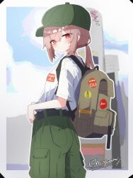  1girl alternate_costume alternate_eye_color backpack bag belt black_belt blue_sky blush border breasts brown_bag brown_hair cargo_pants casual character_name cheyanne_(girls'_frontline_2) clouds cloudy_sky commentary_request cowboy_shot double-parted_bangs from_side girls'_frontline_2:_exilium girls_frontline green_hat green_pants hair_between_eyes hair_tie hat highres long_hair looking_at_viewer low_ponytail m200_(girls'_frontline) newsboy_cap outdoors outline outside_border pants ponytail red_eyes seo_tatsuya shirt shrimp_print sidelocks sky small_breasts t-shirt tesura_(teslamk2) turning_head utility_pole white_border white_outline white_shirt 