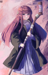  1girl absurdres coat fern_(sousou_no_frieren) hair_ornament highres holding holding_staff keyv1q long_hair mage_staff purple_hair solo sousou_no_frieren staff violet_eyes 