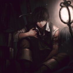  1boy arm_on_knee bandaged_arm bandages black_boots black_eyes black_hair blood blood_on_bandages boots brown_pants closed_mouth colalred_sh collared_shirt commentary_request dark earrings fantasy feet_out_of_frame glowing glowing_pupils hair_between_eyes hair_over_one_eye highres holding holding_sheath jewelry jun_(navigavi) knee_up light_particles lips male_focus nose original pants scabbard scar_on_lip sheath sheathed shirt sitting sleeve_rolled_up solo white_shirt 