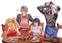  2boys 2girls apron aragiken bare_shoulders belle_(zenless_zone_zero) billy_kid billy_kid_(starlight) black_shirt blonde_hair blue_hair bread bread_slice chalky_(zenless_zone_zero) cissia_(zenless_zone_zero) closed_eyes clothed_robot collarbone commentary cup egg_(food) english_text food green_eyes grey_hair hair_between_eyes hair_ornament highres holding holding_food holding_pan horns humanoid_robot long_hair looking_at_another multiple_boys multiple_girls open_mouth parted_lips plate pom_pom_(clothes) pom_pom_hair_ornament red_apron red_shirt robot robot_boy shirt side_ponytail simple_background sitting snake snake_girl standing table toast white_background white_hair white_snake wise_(zenless_zone_zero) yellow_eyes zenless_zone_zero 