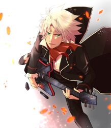  1boy ascot black_jacket black_pants classicaloid commentary_request electric_guitar forked_eyebrows from_above green_eyes guitar instrument jacket kusano_gurima long_sleeves ludwig_van_beethoven_(classicaloid) male_focus open_mouth pants petals playing_guitar playing_instrument red_ascot shirt short_hair solo white_shirt 