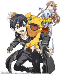 1girl agumon armor asuna_(sao) bandai_namco black_eyes black_hair brown_eyes brown_hair bunbun commentary_request crossover digimon digimon_story:_time_stranger fingerless_gloves gloves hair_between_eyes hair_ornament holding kirito long_hair looking_at_viewer official_art open_mouth short_hair smile sword_art_online tailmon 