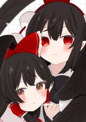  2girls asumi276 bird_wings black_bow black_bowtie black_wings blush bow bowtie brown_eyes brown_hair commentary_request frilled_bow frills grid_background hair_bow hair_tubes hakurei_reimu hat height_difference highres long_hair looking_at_viewer medium_hair multiple_girls pointy_ears pom_pom_(clothes) red_bow red_eyes red_hat shameimaru_aya shirt tokin_hat touhou white_shirt wings yuri 