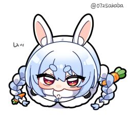  0725akaba 1girl animal_ear_fluff animal_ears black_gloves blue_hair blush braid carrot_hair_ornament chibi chibi_only coat commentary food-themed_hair_ornament from_above full_body gloves hair_between_eyes hair_ornament hat hololive long_hair looking_at_viewer multicolored_hair rabbit-shaped_pupils rabbit_ears rabbit_girl red_eyes simple_background solo symbol-shaped_pupils thick_eyebrows twin_braids twitter_username two-tone_hair untranslatable_commentary usada_pekora virtual_youtuber white_background white_coat white_hair white_hat yurie_mouth 