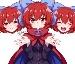  1girl ^_^ absurdres black_shirt blue_bow blue_cape blush bow breasts cape closed_eyes closed_mouth commentary disembodied_head floating_head hair_between_eyes hair_bow highres long_sleeves looking_at_viewer multiple_heads open_mouth red_cape red_eyes red_hair ribbon-trimmed_bow ribbon_trim sekibanki shgngzhngdeyti1 shirt short_hair simple_background small_breasts smile solo touhou two-sided_cape two-sided_fabric white_background 