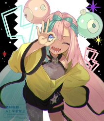  1girl asymmetrical_legwear blue_eyes breasts character_hair_ornament criss-cross_halter fake_hair_bun grey_pantyhose hair_ornament halter_shirt halterneck hexagon_print iono_(pokemon) jacket lightning_bolt_symbol long_hair long_sleeves low_twintails magnemite medium_breasts multicolored_eyes multicolored_hair ok_sign ok_sign_over_eye open_mouth oversized_clothes pantyhose pink_hair pokemon pokemon_scarlet_and_violet print_pantyhose print_shirt sharp_teeth shirt sleeves_past_fingers sleeves_past_wrists smile solo teeth toi_(nisanrei121) twintails two-tone_hair very_long_hair x_(symbol) yellow_eyes yellow_jacket 