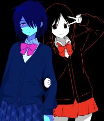  2others ambiguous_gender androgynous artist_self-insert black_background black_cardigan black_eyes black_hair blue_hair blue_skin bow bowtie cardigan closed_mouth collared_shirt colored_skin commentary deltarune english_commentary expressionless hand_on_own_hip helllmari humanization kris_(dark_world)_(deltarune) kris_(deltarune) kris_(school_uniform)_(deltarune) locked_arms long_sleeves miniskirt multiple_others other_focus outline pink_bow pink_bowtie pink_eyes plaid_clothes plaid_skirt red_bow red_bowtie red_outline red_shirt red_soul_(utdr) school_uniform shirt short_hair simple_background skirt smile soul_(character)_(deltarune) soul_(utdr) utdr_(toby_fox) v white_shirt 