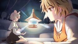  2girls animal_ears black_dress black_ribbon black_streaks blonde_hair capelet closed_mouth commentary_request creenoy dress english_commentary from_side glowing grey_capelet grey_hair highres long_sleeves mini_person minigirl mixed-language_commentary mouse_ears mouse_girl multicolored_hair multiple_girls nazrin neck_ribbon red_eyes red_vest ribbon shirt short_hair sitting streaked_hair toramaru_shou touhou vest white_shirt 