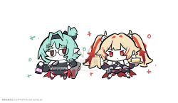  2girls bare_shoulders black-framed_eyewear black_hairband black_shirt blonde_hair cake chibi chibi_only claret_flint closed_mouth commentary detached_sleeves food glasses green_hair hair_ornament hair_rings hairband hairclip holding holding_plate long_hair mole mole_under_eye multiple_girls plate pointy_ears red_eyes red_ribbon ribbon roxy_(zenless_zone_zero) shidare_(youh4016) shirt simple_background sphere_hair_ornament twintails white_background zenless_zone_zero 