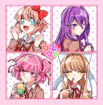  4girls blue_eyes blue_skirt blush bow breasts brown_hair closed_mouth doki_doki_literature_club eyebrows_visible_through_hair green_eyes hair_bow hair_ornament kyapi_ojisan large_breasts lips long_hair looking_at_viewer monika_(doki_doki_literature_club) multiple_girls natsuki_(doki_doki_literature_club) open_mouth pink_eyes pink_hair pleated_skirt ponytail purple_eyes purple_hair red_bow sayori_(doki_doki_literature_club) short_hair skirt smile solo white_bow x_hair_ornament yuri_(doki_doki_literature_club) 