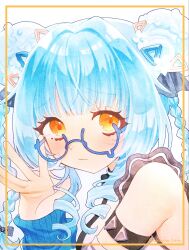  1girl adjusting_eyewear arm_strap artist_name bare_shoulders black_bow blue-framed_eyewear blue_hair blush bow braid braided_bun closed_mouth commentary_request denshinbashira-chan detached_sleeves double_bun drill_hair drill_sidelocks edamame_koron flower from_side glasses gold_border hair_bow hair_bun hair_flower hair_intakes hair_ornament hand_up highres inset_border long_hair long_sleeves looking_at_viewer looking_over_eyewear looking_to_the_side orange_eyes raised_inner_eyebrows riot_music semi-rimless_eyewear sidelocks simple_background solo teardrop-framed_glasses traditional_media triangle_hair_ornament turning_head twin_braids twitter_username under-rim_eyewear upper_body virtual_youtuber white_background white_flower 