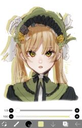  1girl art_program_in_frame artist_name black_bow black_bowtie black_flower black_rose blonde_hair bonnet bow bow_flower bowtie character_name chinstrap commentary_request flower green_bonnet green_eyes hair_flower hair_ornament highres long_hair mahou_shoujo_no_majo_saiban portrait remirant_t rose signature simple_background solo straight-on tono_hanna twintails white_background white_flower white_rose winged_hat yellow_flower yellow_rose 