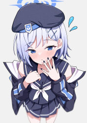  1girl absurdres bare_shoulders black_hat black_jacket black_nails black_sailor_collar black_serafuku black_shirt black_skirt blue_archive blue_eyes blue_hair blue_halo blurry blush closed_mouth commentary_request cowboy_shot depth_of_field flying_sweatdrops grey_background hair_ornament hairclip halo hands_up hat highres hosinonana jacket long_sleeves miniskirt nail_polish neckerchief off_shoulder open_clothes open_jacket parallel_hairclips pleated_skirt sailor_collar school_uniform serafuku shirt short_hair simple_background single_sidelock skirt sleeveless sleeveless_shirt solo sumika_(blue_archive) white_neckerchief 