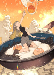  1girl artist_name clouds commentary_request cracking_egg demizu_posuka egg frying_pan highres holding holding_spatula long_hair original solo spatula sweat 