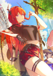  2girls arknights black_gloves black_hair black_hat black_shirt blue_sky building closed_mouth commentary_request cross cross_necklace demon_girl demon_horns entelechia_(arknights) entelechia_(dazzling_blue)_(arknights) ferris_wheel gloves hair_between_eyes hat highres horns jewelry laevatein_(la3vatein) long_hair looking_at_viewer multiple_girls necklace official_alternate_costume one_eye_closed outdoors pointy_ears red_eyes red_hair red_skirt shirt short_hair single_glove skirt sky skyscraper surtr_(arknights) surtr_(liberte_echec)_(arknights) sword utility_pole violet_eyes weapon wide_brim 