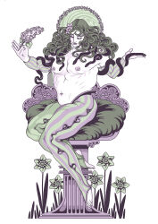  1boy absurdres aquiline_nose armpits curly_hair detached_sleeves eyelashes eyeshadow fabulous fingernails flower girly_boy greek_painting_style green_hair hair_flower hair_ornament hairline highres iliothermia laurel_tattoo lips lipstick long_hair makeup male_focus mastectomy_scar musclegut navel nipples nose original pectorals scar scar_on_chest snake solo stirrup_legwear strongman_waist tassel tattoo toeless_legwear toenails vertical-striped_sleeves 
