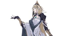  1girl absurdres arknights black_gloves black_shrug blonde_hair chinese_commentary commentary_request fingerless_gloves from_below from_side gloves hand_up highres horatia_(arknights) medium_hair mirrorwu81568 pointy_ears robe shrug_(clothing) solo upper_body vambraces white_background white_robe yellow_eyes 