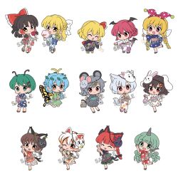  6+girls :p ;p ^_^ alternate_costume alternate_hairstyle animal_ear_piercing animal_ears antennae aqua_hair bag bagged_fish black_bow black_kimono blonde_hair blue_kimono blue_shorts bow braid brown_hair brown_sandals brown_streaks butterfly_wings calico_(pattern) candy_apple carrot_hair_ornament carrot_print cat_ears cat_mask cat_tail chen chibi chibi_only closed_eyes clownpiece commentary_request cotton_candy curly_hair demon_wings drinking earrings eternity_larva extra_ears fairy fairy_wings fireworks fish floppy_ears floral_print floral_print_kimono food food-themed_hair_ornament food_print frilled_bow frilled_hair_tubes frills full_body geta goutokuji_mike green_bow green_eyes green_hair green_kimono grey_hair hair_bow hair_ornament hair_tubes hairband hakurei_reimu head_wings highres holding holding_candy_apple holding_cotton_candy holding_fireworks holding_food holding_with_tail hoop_earrings horns inaba_tewi insect_wings inubashiri_momiji japanese_clothes jewelry kaenbyou_rin kimono kirisame_marisa koakuma komainu_girl komano_aunn leaf leaf_on_head leaf_print long_hair looking_at_viewer maple_leaf_print mask mask_on_head mouse_(animal) mouse_ears mouse_girl mouse_mask mouse_tail multicolored_hair multicolored_tail multiple_girls multiple_hair_bows multiple_tails nazrin nekomata one_eye_closed open_mouth orange_eyes orange_streaks paw_pose pink_hairband pink_kimono prehensile_tail print_kimono rabbit_ears rabbit_girl rabbit_mask ramudia_(lamyun) red_bow red_eyes red_hair red_ribbon red_shorts ribbon rumia sample_watermark sandals shorts side_braid single_braid single_earring single_horn smile socks sparkler streaked_hair tail takoyaki tongue tongue_out touhou twin_braids two_tails very_long_hair water_yoyo watermark white_hair white_kimono white_socks wings wolf_ears wolf_girl wolf_mask wolf_tail wriggle_nightbug yellow_eyes yukata 