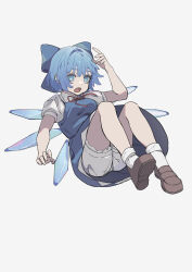  1girl absurdres bloomers blue_bow blue_dress blue_eyes blue_hair bow brown_shoes cirno collared_shirt commentary detached_wings dress fang full_body grey_background hair_bow highres ice ice_wings jfzy020416 loafers neck_ribbon pinafore_dress red_ribbon ribbon shirt shoes simple_background sleeveless sleeveless_dress socks solo touhou white_bloomers white_shirt white_socks wings 