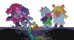  1boy 1other 2girls animal_ears antlers armlet blonde_hair blue_hair blue_skin bracelet colored_skin commentary deer_antlers deer_ears deer_girl deltarune english_commentary gaida goat_boy goat_ears highres horns jewelry kris_(dark_world)_(deltarune) kris_(deltarune) multiple_girls noelle_holiday noelle_holiday_(dark_world) pink_horns pink_scarf purple_hair ralsei reptile_girl scarf spiked_armlet spiked_bracelet spikes submerged susie_(dark_world)_(deltarune) susie_(deltarune) utdr_(toby_fox) water weird_route_(deltarune) 