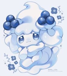  alcremie alcremie_(berry_sweet) blue_eyes blueberry blueberry_hair_ornament food food-themed_creature food-themed_hair_ornament fruit full_body hair_ornament highres no_humans pokemon pokemon_(creature) pokemon_focus solo sumesi_(iwasi_29) 