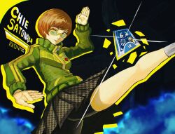  0nmg 1girl absurdres badge bike_shorts brown_eyes brown_hair button_badge commentary glasses green_jacket highres jacket persona persona_4 persona_4_revival round_eyewear satonaka_chie school_uniform smiley_face solo tomboy track_jacket yasogami_school_uniform 