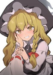  2girls absurdres apron back_bow black_hat black_skirt black_vest blonde_hair blush bow braid collared_shirt commentary_request female_pov grin hair_bow hakurei_reimu hand_on_another's_cheek hand_on_another's_face hat highres kirisame_marisa long_hair long_sleeves multiple_girls niru_(ka_k_0517) pov pov_hands ribbon-trimmed_sleeves ribbon_trim shirt side_braid signature simple_background single_braid skirt smile solo_focus sweatdrop touhou very_long_hair vest waist_apron white_apron white_background white_bow white_shirt witch_hat yellow_eyes yuri 