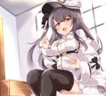  1girl acchii_(akina) azur_lane bed black_legwear breasts coat coat_dress ear_cleaning eyebrows_visible_through_hair hair_between_eyes highres indoors lap_pillow lap_pillow_invitation large_breasts long_hair on_bed open_mouth padded_coat pamiat_merkuria_(azur_lane) red_eyes russian_clothes seiza side_ponytail sitting sitting_on_bed sunlight thigh-highs white_coat white_headwear window 