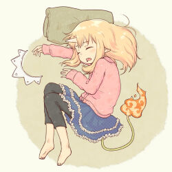  1girl barefoot black_pants blonde_hair blue_skirt cardigan closed_eyes commentary_request diode_(0_division) drooling fire flame-tipped_tail frilled_skirt frills full_body futaba_channel horns kirin_(nijiura_maids) long_hair long_sleeves lying nijiura_maids on_side open_mouth pants pillow pink_cardigan pointy_ears polka_dot polka_dot_skirt sidelocks single_horn skirt sleeping sleeves_past_wrists solo tail 